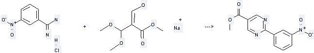 Benzenecarboximidamide,3-nitro-, hydrochloride (1:1) can be used to produce 2-(3-nitro-phenyl)-pyrimidine-5-carboxylic acid methyl ester at the temperature of 100°C